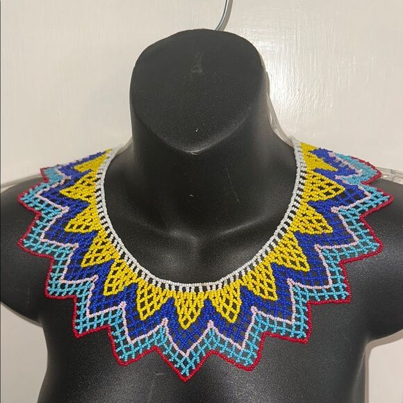 Vintage Native American white, yellow, blue, pink, aqua & red seed bead collar - Picture 1 of 6
